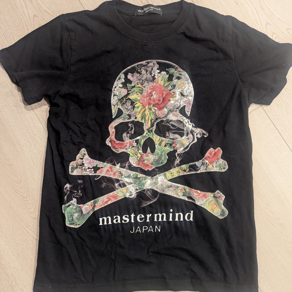 Mastermind Japan Black Skull Tee with Floral Accents